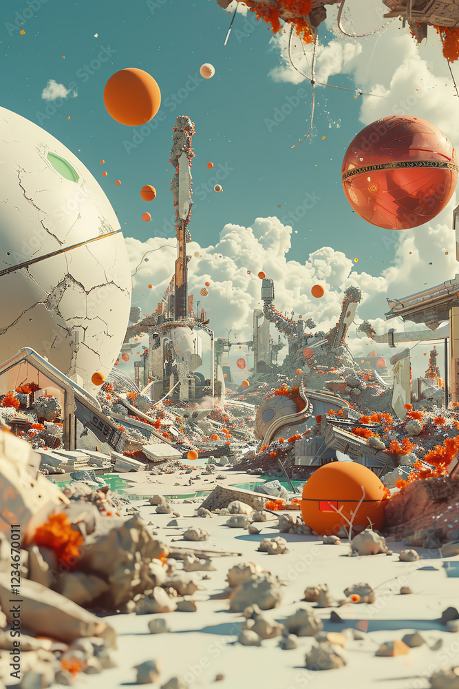 Poster design a 3d rendered scene capturing an unexpected low-angle view of a desolate, post-apocalyptic wa