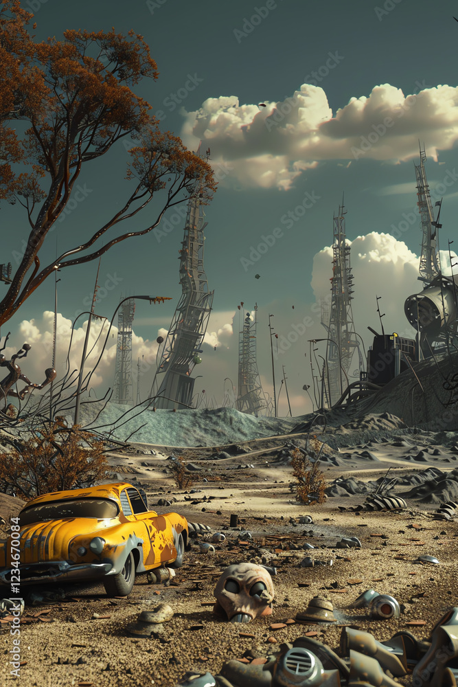 Poster design a 3d rendered scene capturing an unexpected low-angle view of a desolate, post-apocalyptic wa