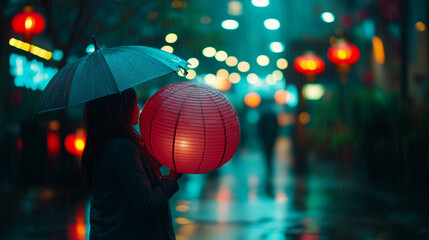 Woman holding a red lantern under an umbrella while walking in a vibrant, rainy street filled with lanterns at night
