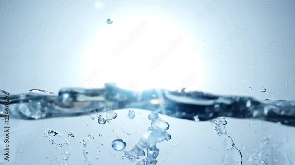 Poster horizontal panoramic video, backlit translucent liquid splash against a bright background, emphasizi