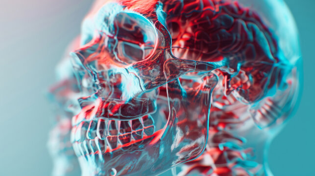 Futuristic 3D-rendered translucent skull with neural connections