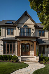Obraz premium Luxury Home Exterior: Modern Stone Facade, Landscaping, and Spacious Design