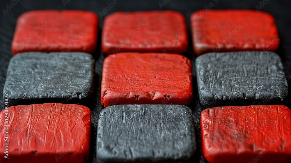 Poster close-up of textured red and black clay tiles..