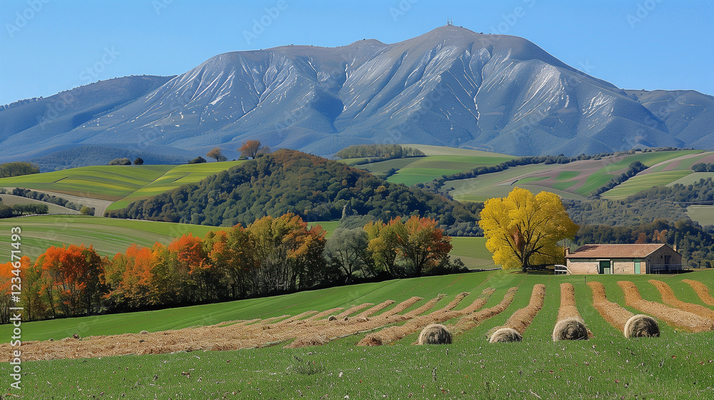 Poster scenic countryside with rolling fields and mountain backdrop..