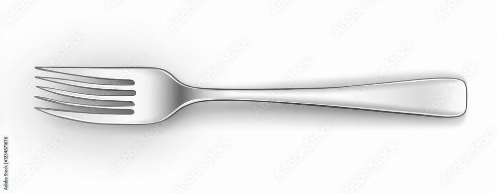Poster close up view of a silver fork on a white background. the fork has thin tines and a simple, elegant 