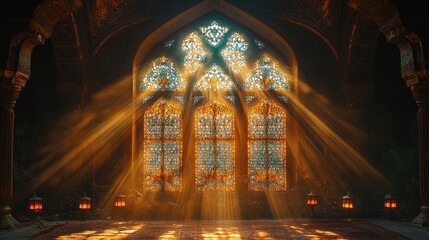 Sunlit stained glass in gothic hall, mystical ambiance