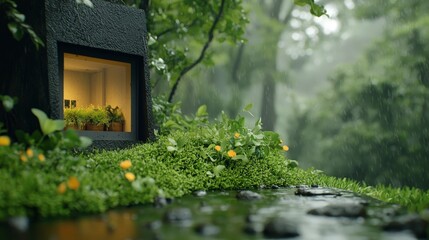 Fototapeta premium Tranquil Garden Oasis with Window View and Rainy Atmosphere Surrounded by Lush Greenery and Serene Water Feature