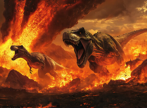 Jurassic dinosaurs fighting before extinction