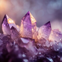 Obraz premium Amethyst crystals shimmering with light and vibrancy in a mystical setting