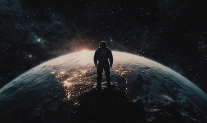 Obraz premium Futuristic Astronaut Standing on a Glowing Earth with Starry Galaxy Background