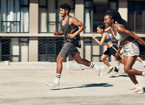 Exercise, diversity and athlete outdoor running for health, wellness or training together in sportswear. Team, workout and runner doing fitness, for competition or marathon for happy, smile and relax