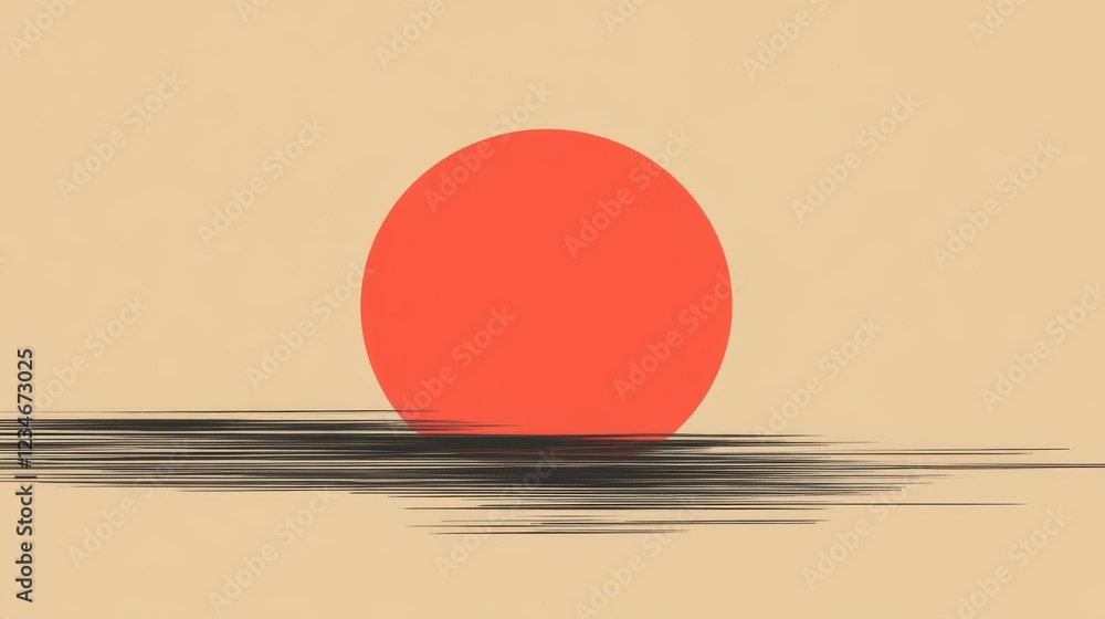 Poster abstract sunset with a large red sun setting over a calm sea, creating a serene atmosphere