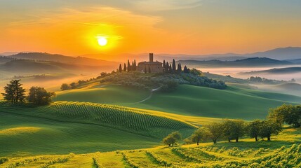 Naklejka premium Sunrise over vineyard hills tuscany landscape photography serene environment wide-angle view nature's beauty