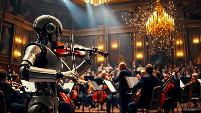 On stage, a futuristic robot plays the violin and performs a solo part in front of a symphony orchestra with a conductor in a richly decorated chamber hall