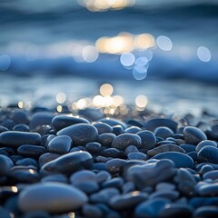 Obraz premium Calm beach with smooth stones and gentle waves during sunset creating a tranquil atmosphere