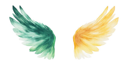 Obraz premium A pair of beautifully painted wings in green and yellow hues, showcasing intricate feather details and a dynamic appearance.