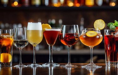 Different alcohol drinks on table in bar
