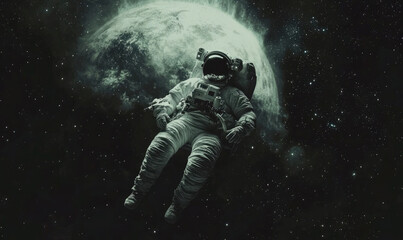 Fototapeta premium Futuristic Astronaut Standing on a Glowing Earth with Starry Galaxy Background