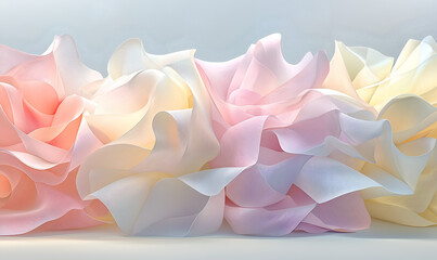 A delicate arrangement of soft, pastel-colored fabric petals resembling flowers, creating a gentle and whimsical aesthetic.