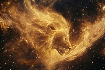 mystical leo zodiac artwork featuring golden lion emerging from cosmic nebula, celestial elements swirling