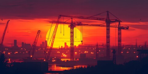 Obraz premium Breathtaking Sunset Over Construction Site with Silhouetted Cranes and Urban Skyline
