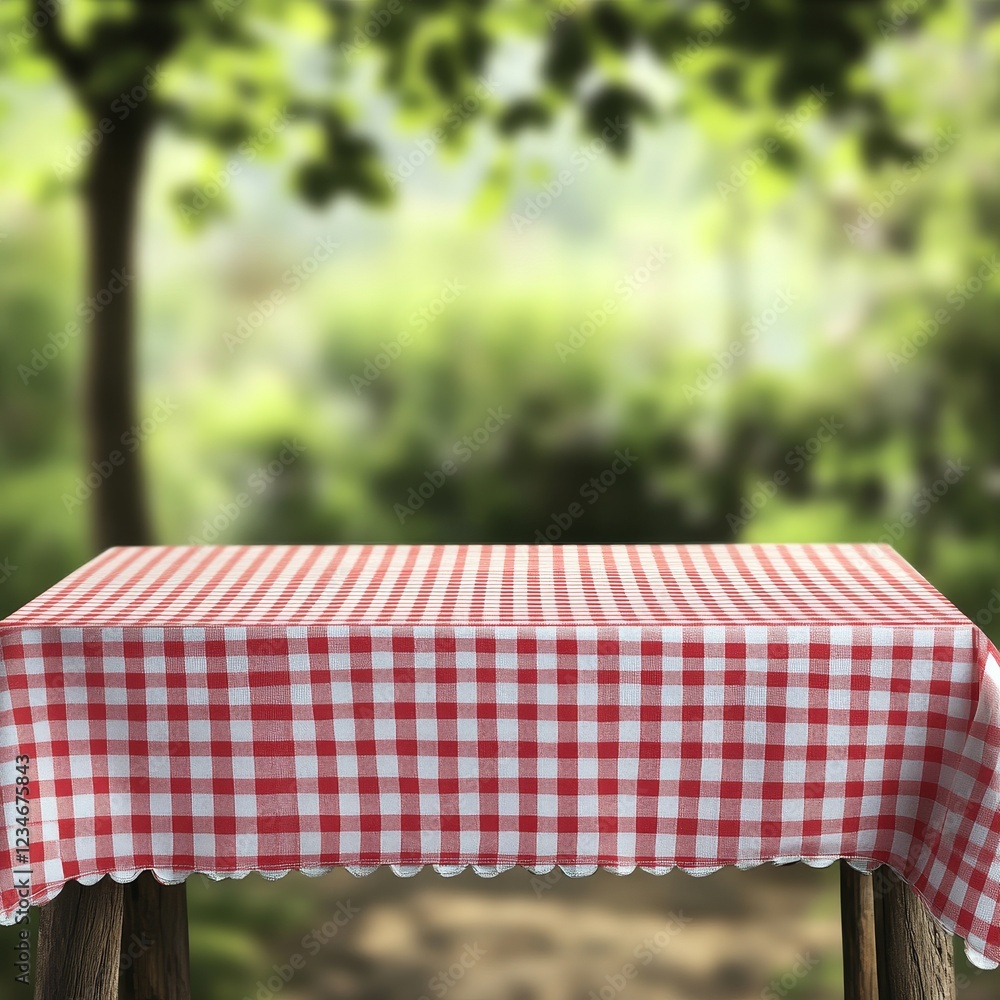 Poster a bare wooden table with a tablecloth on it in a blurred bokeh setting