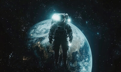 Obraz premium Futuristic Astronaut Standing on a Glowing Earth with Starry Galaxy Background