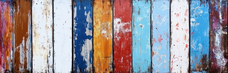 Abstract oil painting of brown, blue, and white vertical stripes on an old wooden board with graffiti and splashes of paint.
