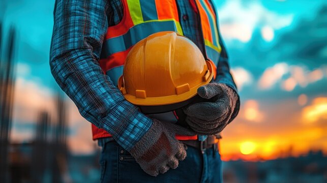 Construction worker sunset safety helmet
