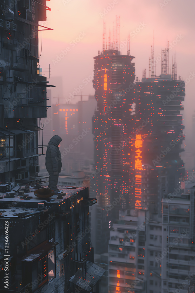 Poster explore a frontal view dystopian cityscape merging with expressive contemporary dance forms in a dig
