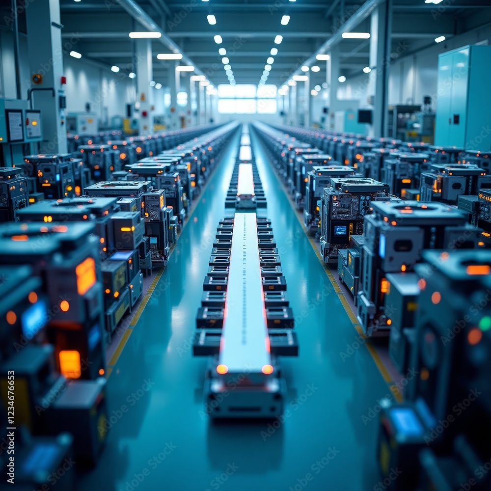 Poster a factory floor with rows of machines and conveyor belts
