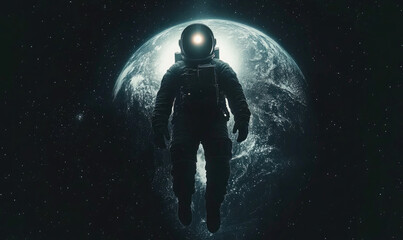Obraz premium Futuristic Astronaut Standing on a Glowing Earth with Starry Galaxy Background
