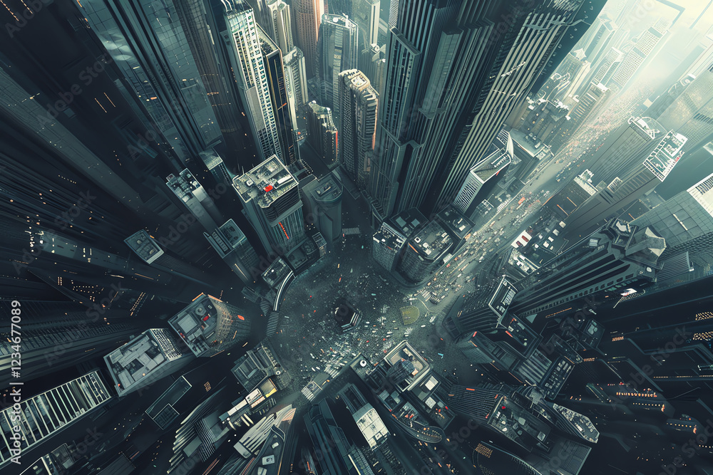 Poster explore a futuristic dystopian cityscape through abstract art with unexpected aerial views show disc
