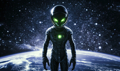 Fototapeta premium Futuristic Astronaut Standing on a Glowing Earth with Starry Galaxy Background