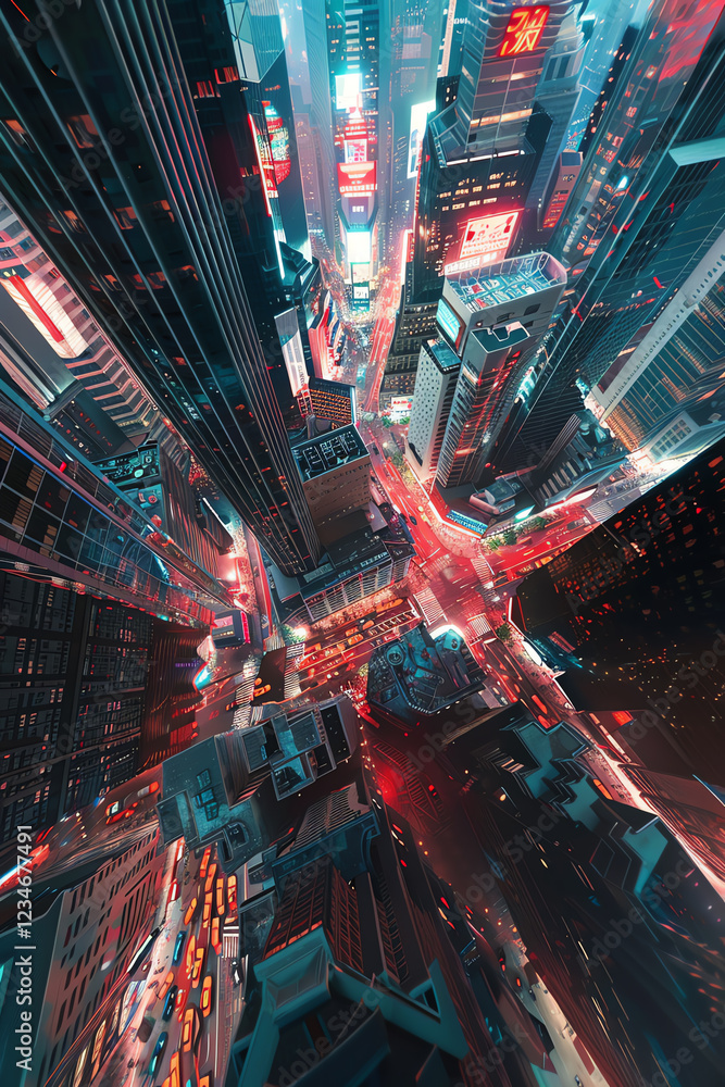 Poster explore a high-angle view of a futuristic cityscape immersed in virtual reality showcasing the conce