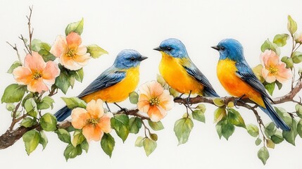 Three blue and yellow birds perched on a branch with peach colored flowers. Watercolor painting style, light background