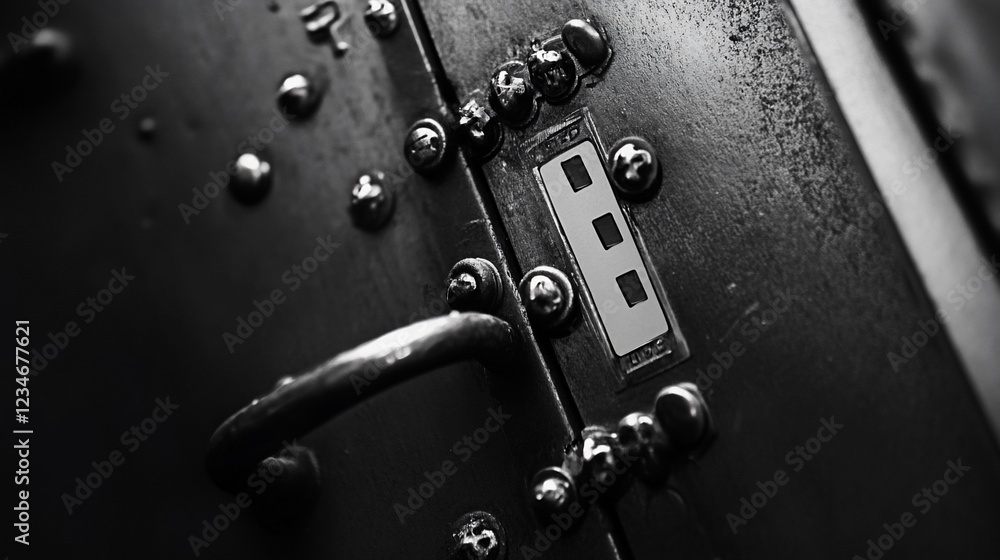 Poster detailed close up of a metallic object with screws and a handle on a textured surface
