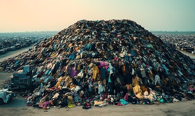 Massive piles of textile waste, fast fashion pollution, discarded clothes in landfill, environmental crisis, unsustainable industry practices harming the planet,



