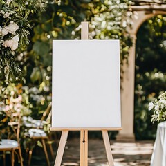 A blank white canvus welcome sign mockup, size is 24 by 36 inches in portrait orientation, on an easel during a wedding party. ,

