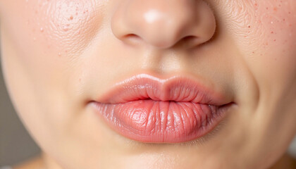 Obraz premium Swollen lips showing food allergy reaction, textured background, awareness