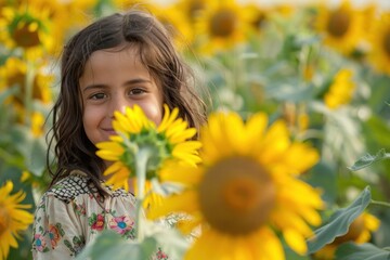 Naklejka premium Middle eastern little girl sunflower photo photography.