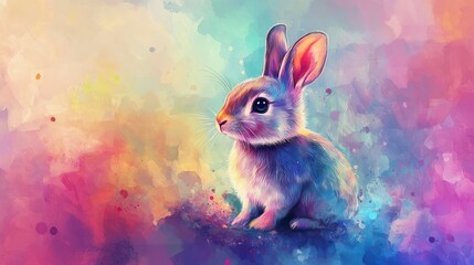 Obraz premium Colorful Rabbit Sitting, Pastel Background, Spring, Easter Card