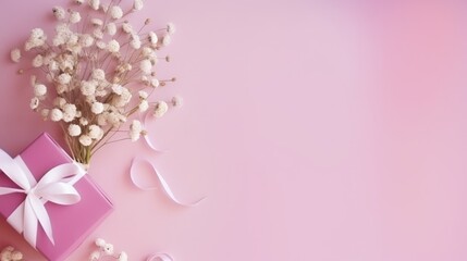 Fototapeta premium Elegant Mother’s Day Gift with Flowers and Ribbons on Soft Pink Abstract Background Perfect for Celebrating Women and Motherhood