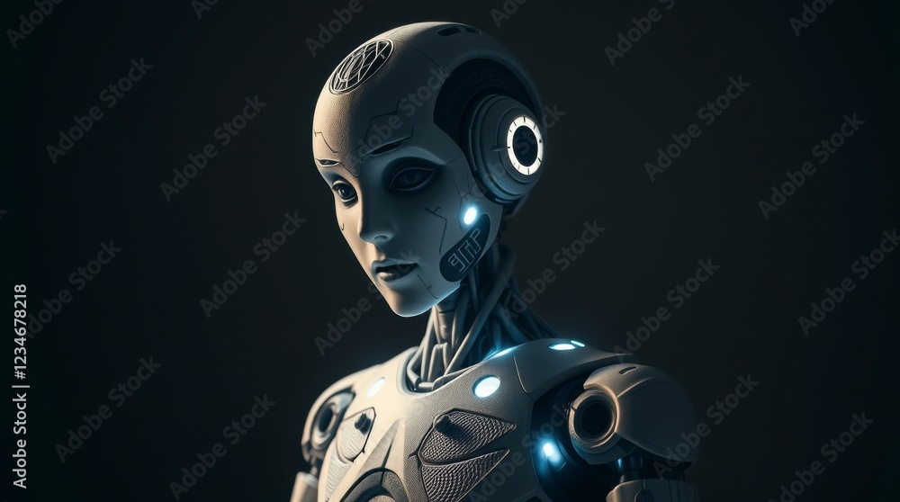 Poster close-up portrait of a sleek, humanoid robot with soft features, set against a dark backdrop, showca