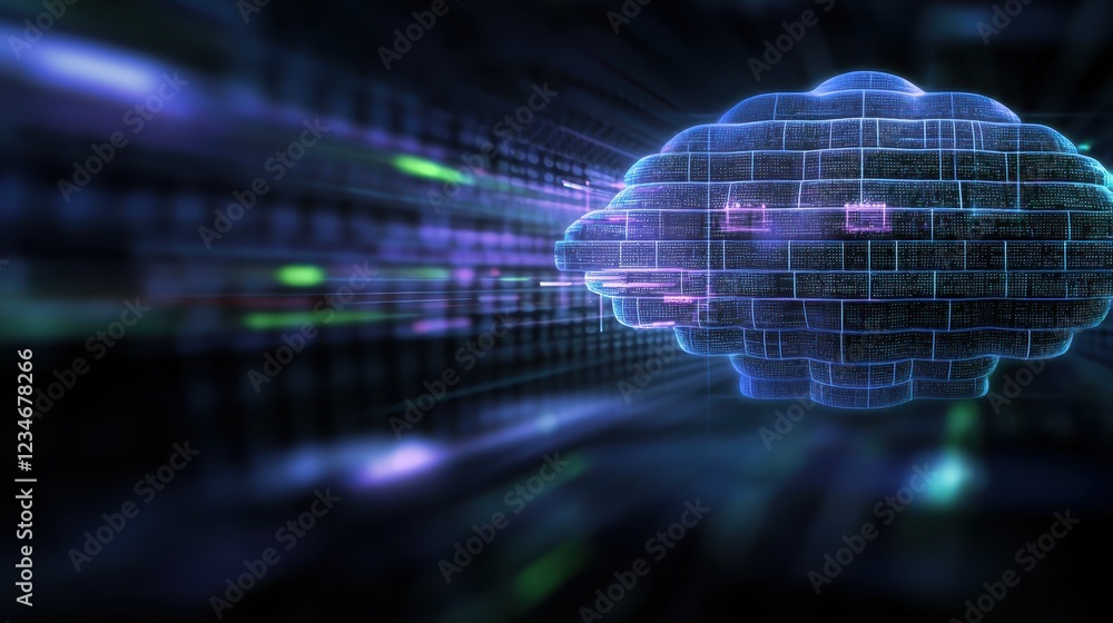 Poster abstract digital brain with light trails and grids