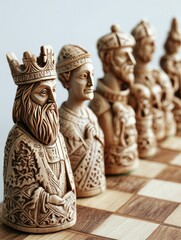 Ornate Carved Chess Figures Aligned on a Wooden Checkerboard Display