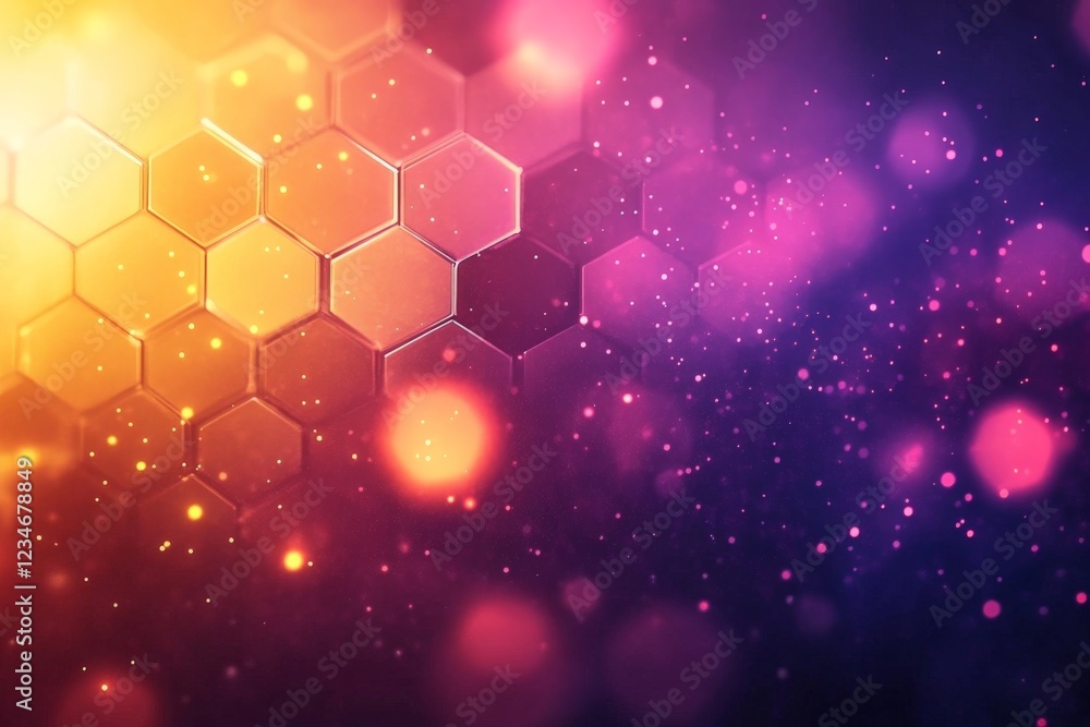 Poster colorful hexagonal patterns with glowing lights in vibrant hues create a magical atmosphere at dusk
