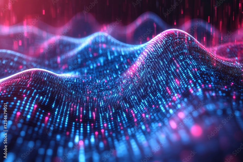 Poster vibrant digital landscape with glowing patterns and flowing data streams during nighttime