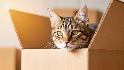 Curious cat peeking from cardboard box, playful exploration