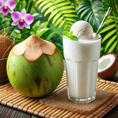 A glass of coconut shake with a purple orchid background